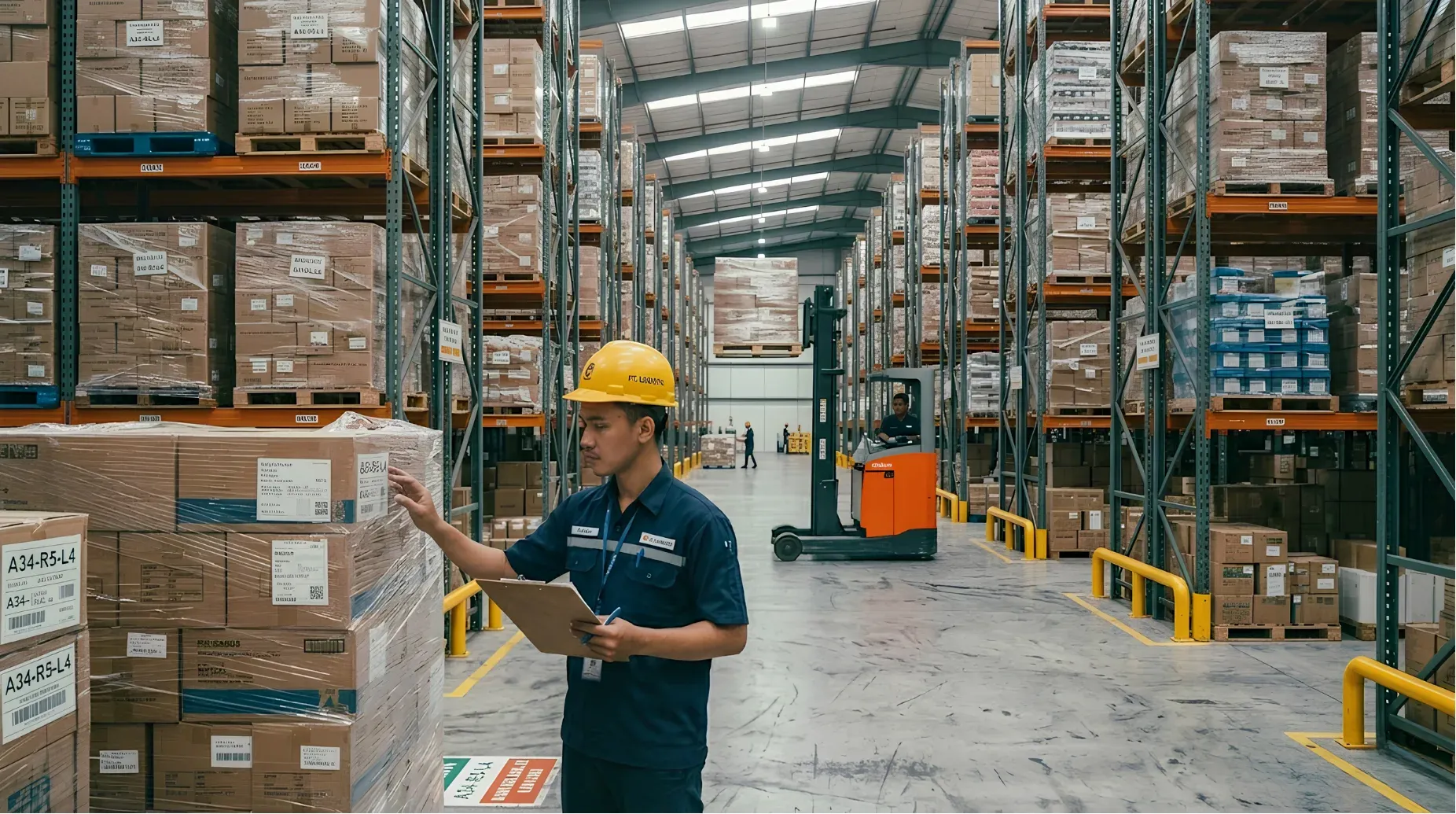Operational warehouse with pallet storage