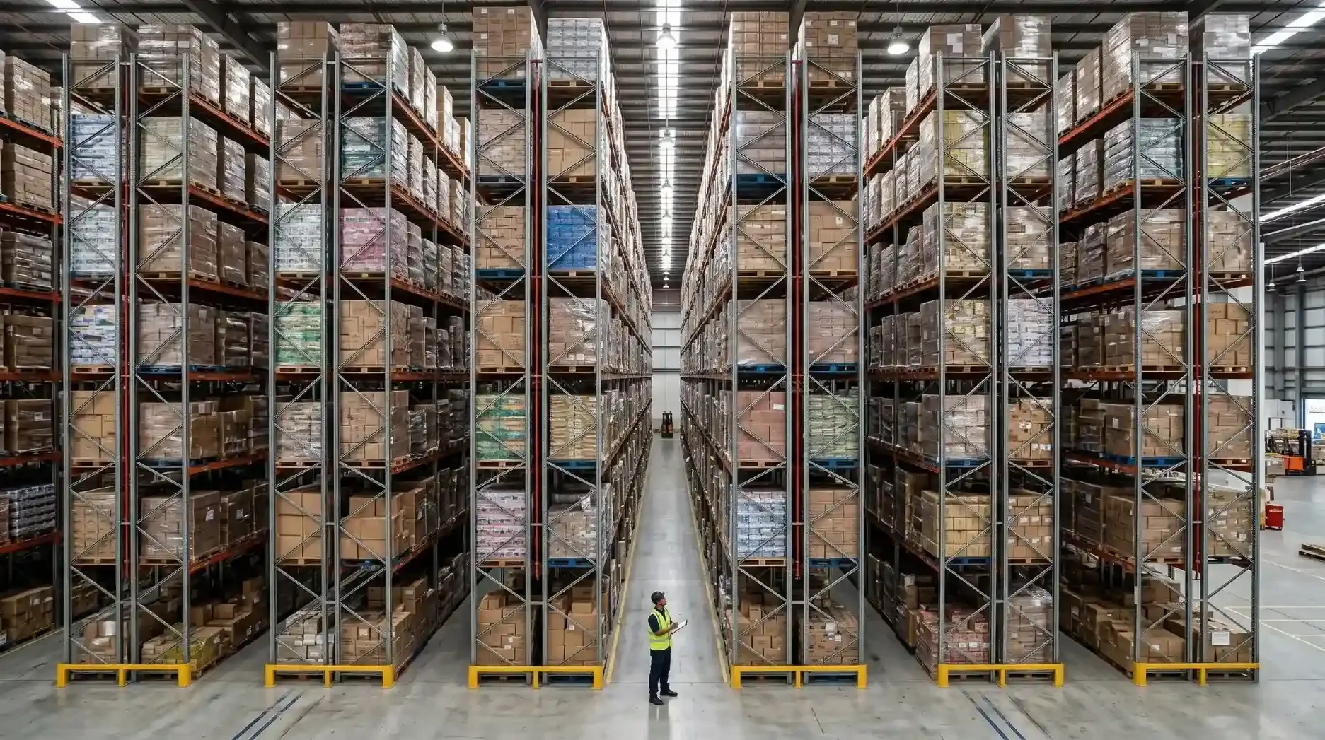 Looking up through high elevation warehouse racking