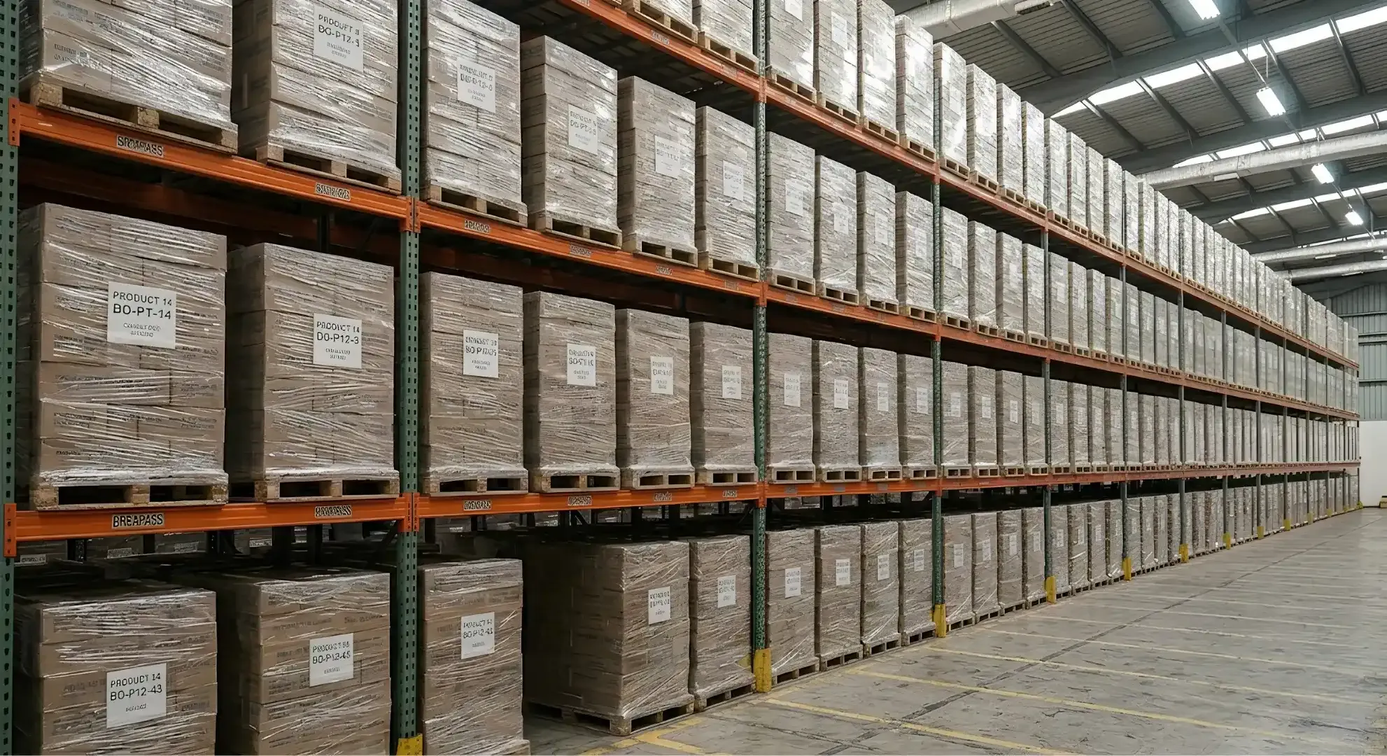 Double deep rack rows with full pallet storage