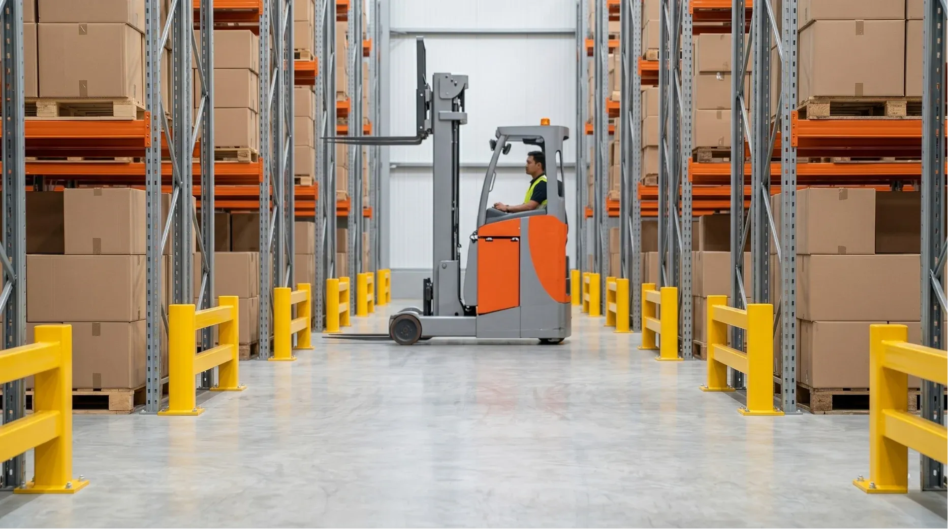 Forklift maneuvering safely around highly visible colored column safety protectors