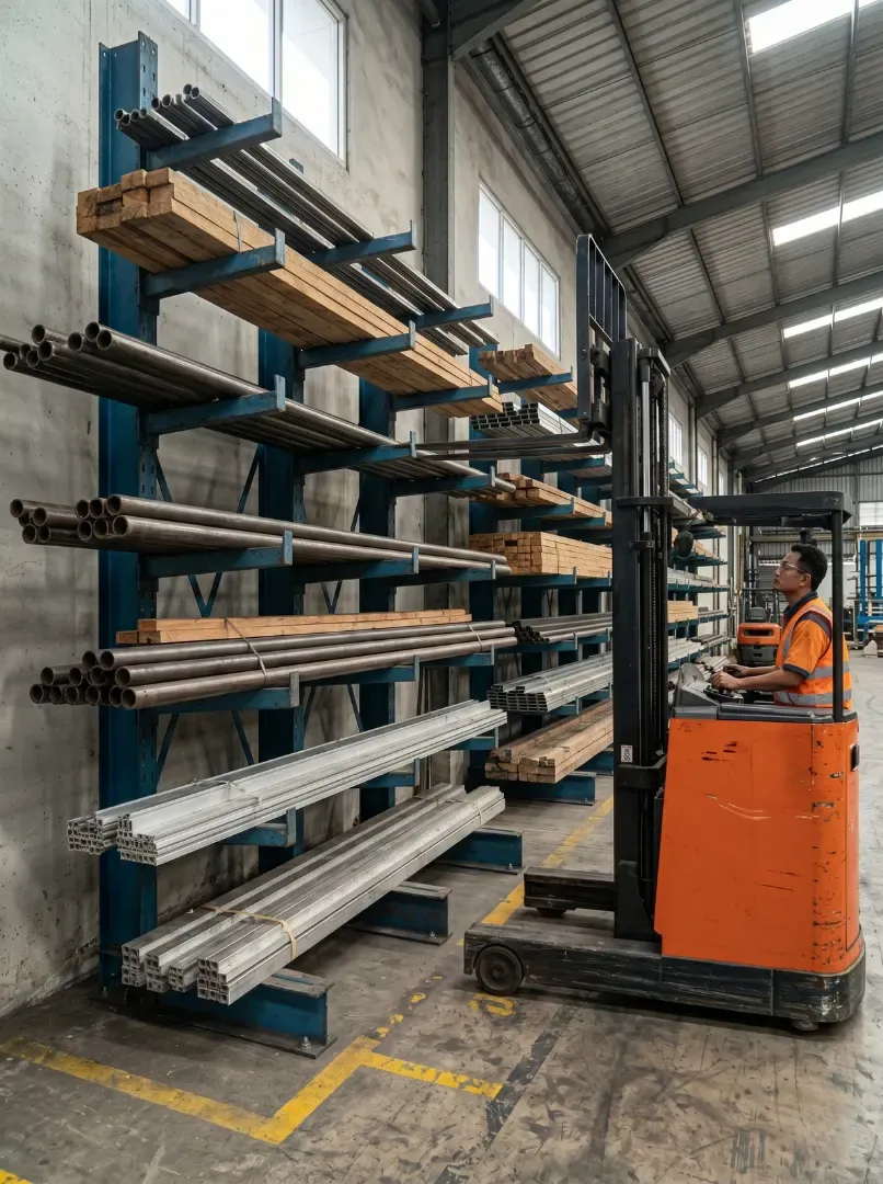 Forklift loading long steel pipes onto cantilever arms