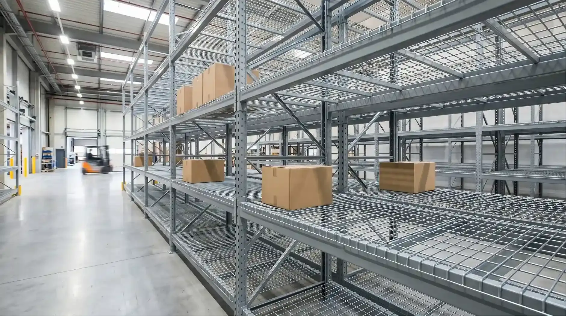 Wire mesh decking installed cleanly on a selective pallet racking system