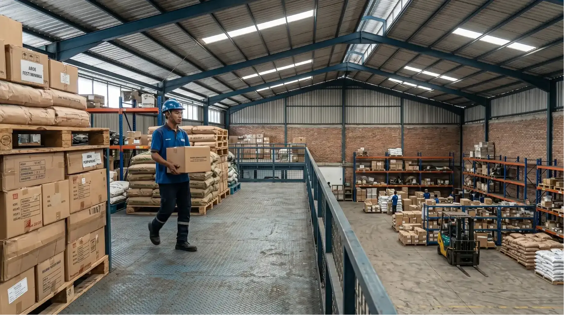 Industrial mezzanine floor system creating a multi-level storage facility
