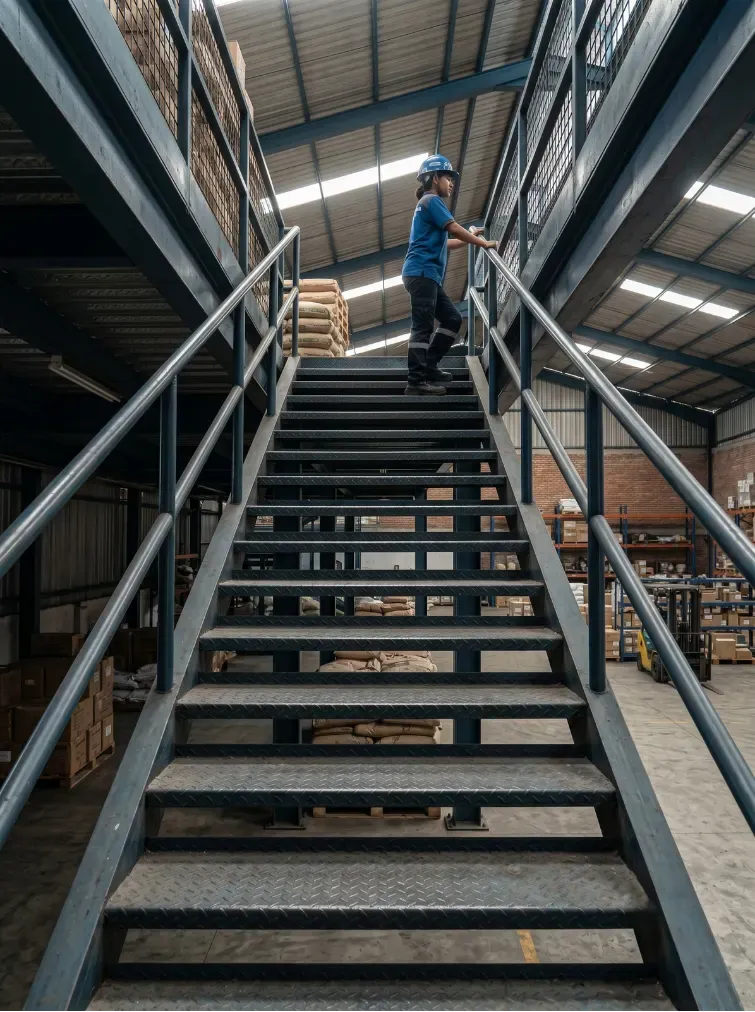 Heavy duty steel stairs integration on structural mezzanine platform